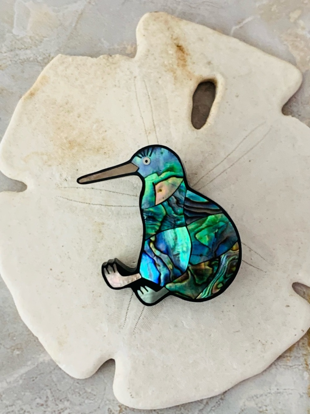 Paua Shell Inlay Kiwi Bird Brooch - Picture 4 of 4